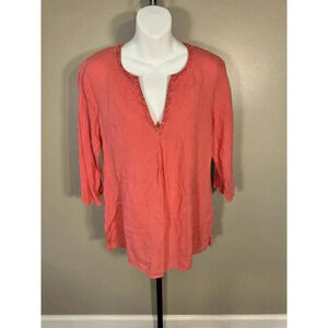 Eileen Fisher womens blue 100% Irish linen popover top Size M sequin 3/4 sleeve